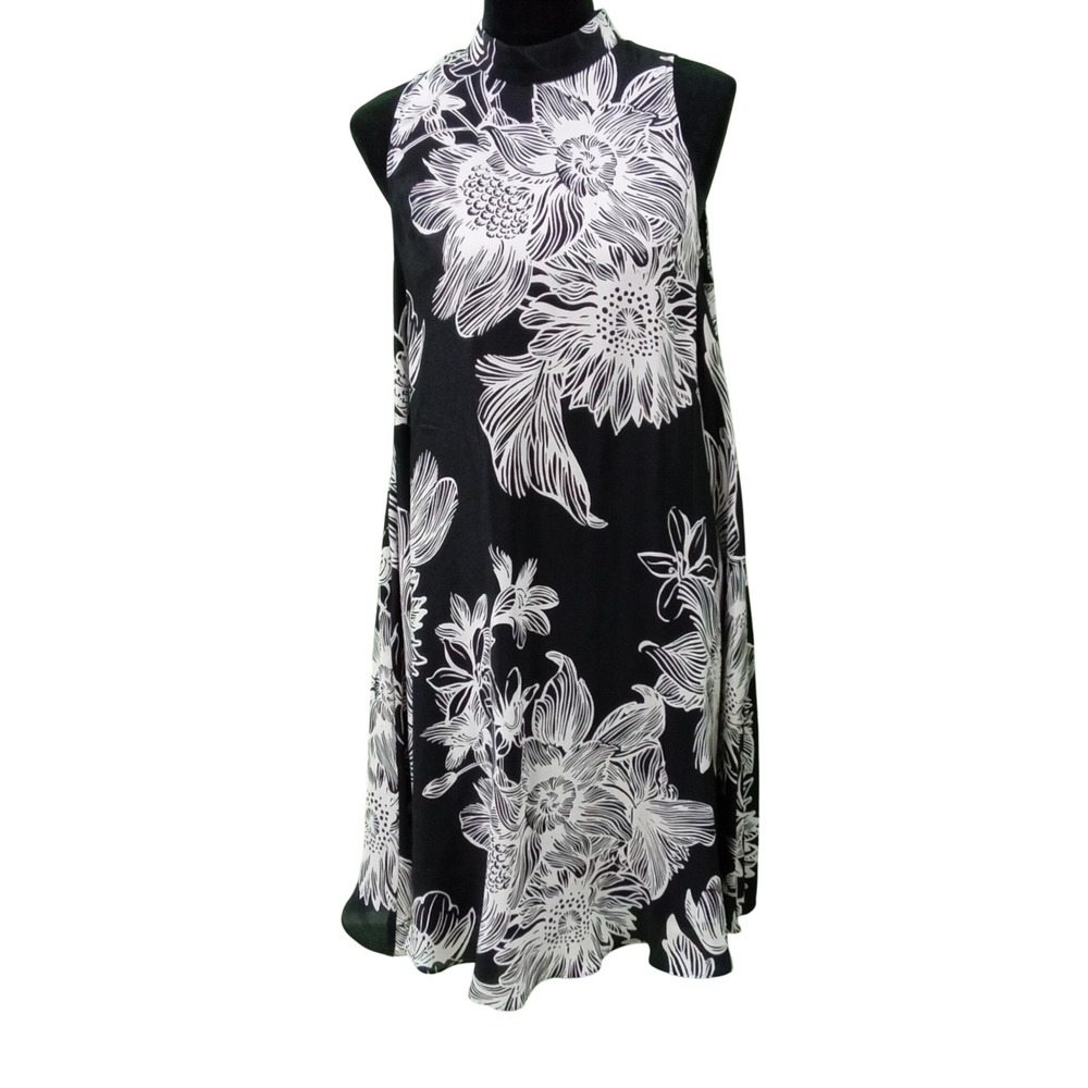 Maeve‎ Dress SMALL Black White Silk Floral Sleeveless Neck A-Line Button Keyhole